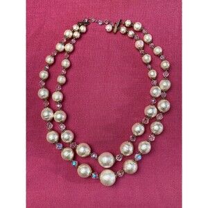 Vintage 60s Necklace 1960s Statement Large Faux Pearl Crystal 2 Strand Retro